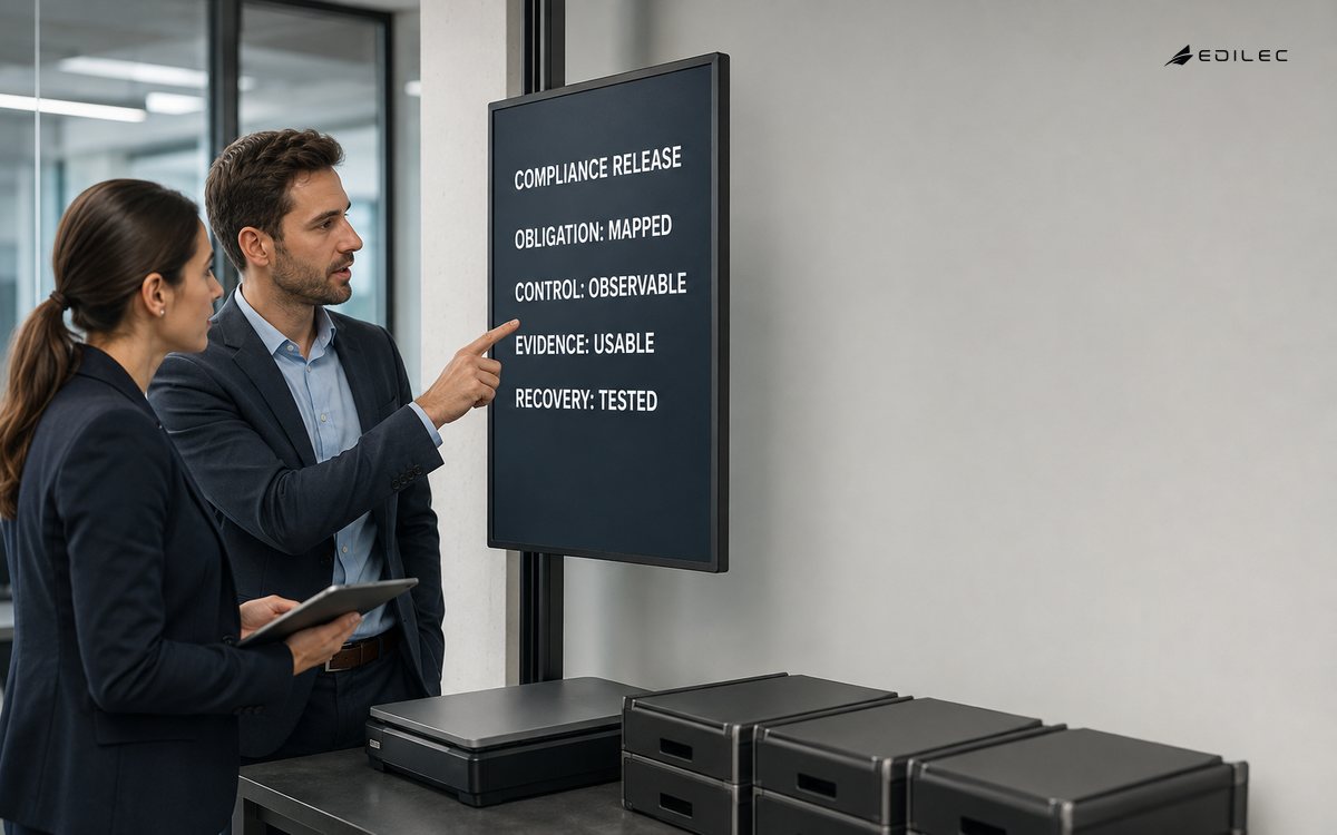 A client-onboarding team checks obligations, controls, evidence and recovery before a compliance release.
