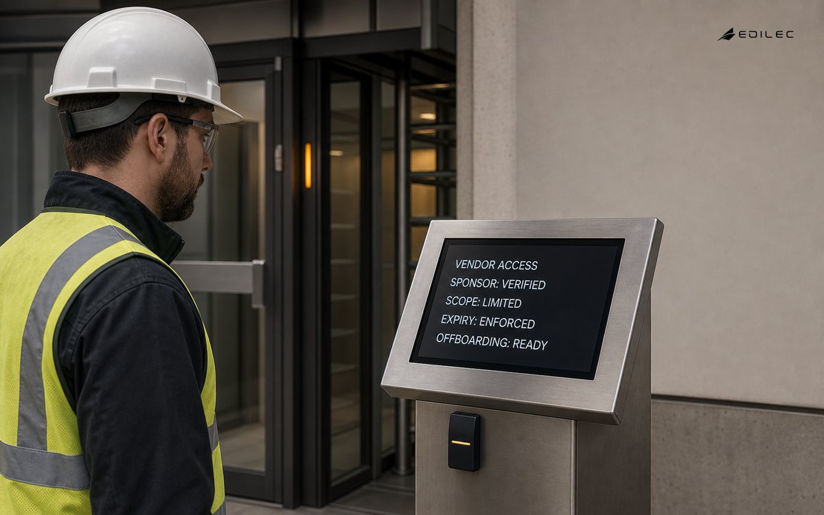 A contractor reviews sponsored, time-limited vendor access at an industrial service entrance.