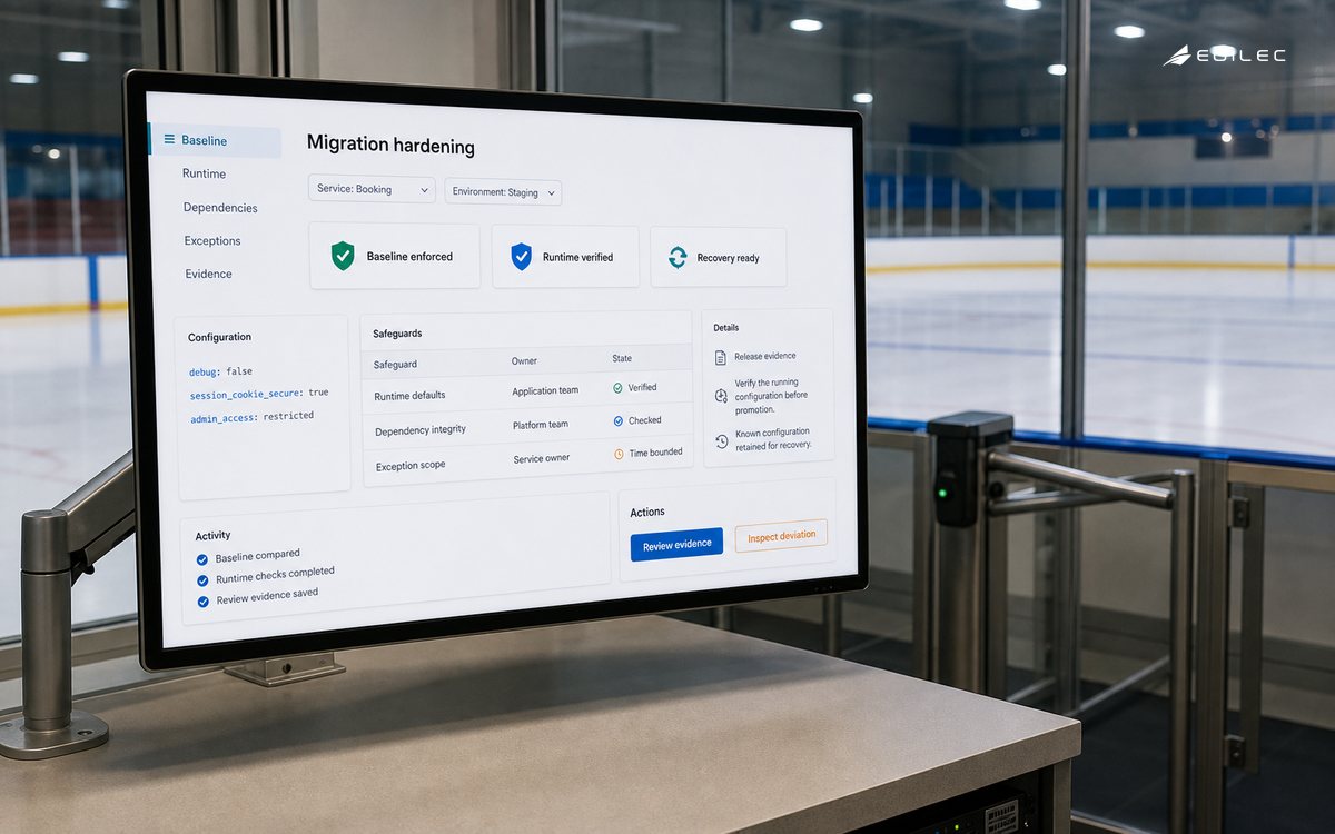A hardening console beside an ice rink shows defensive configuration, runtime checks and exception ownership.