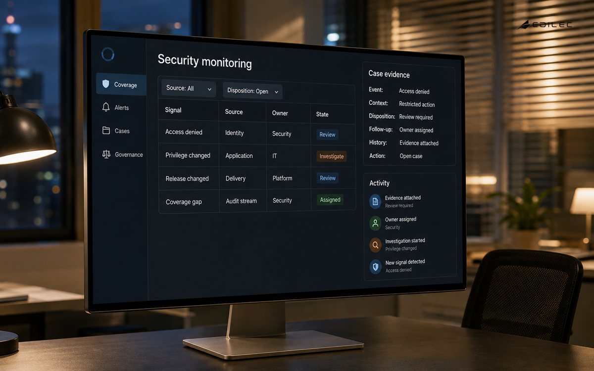 A monitor in an evening office shows security coverage, alert ownership and case evidence.