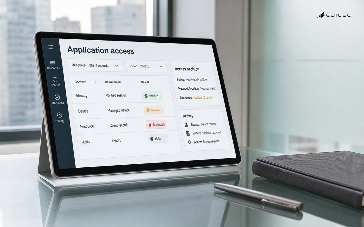A docked tablet displays context checks and a held request for access to client records.