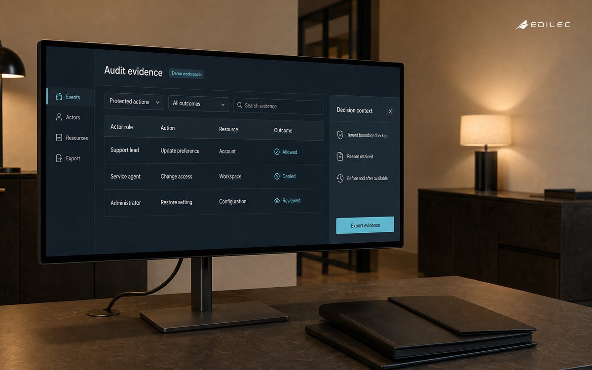 An audit console lists actor roles, protected actions, affected resources, and decision context.