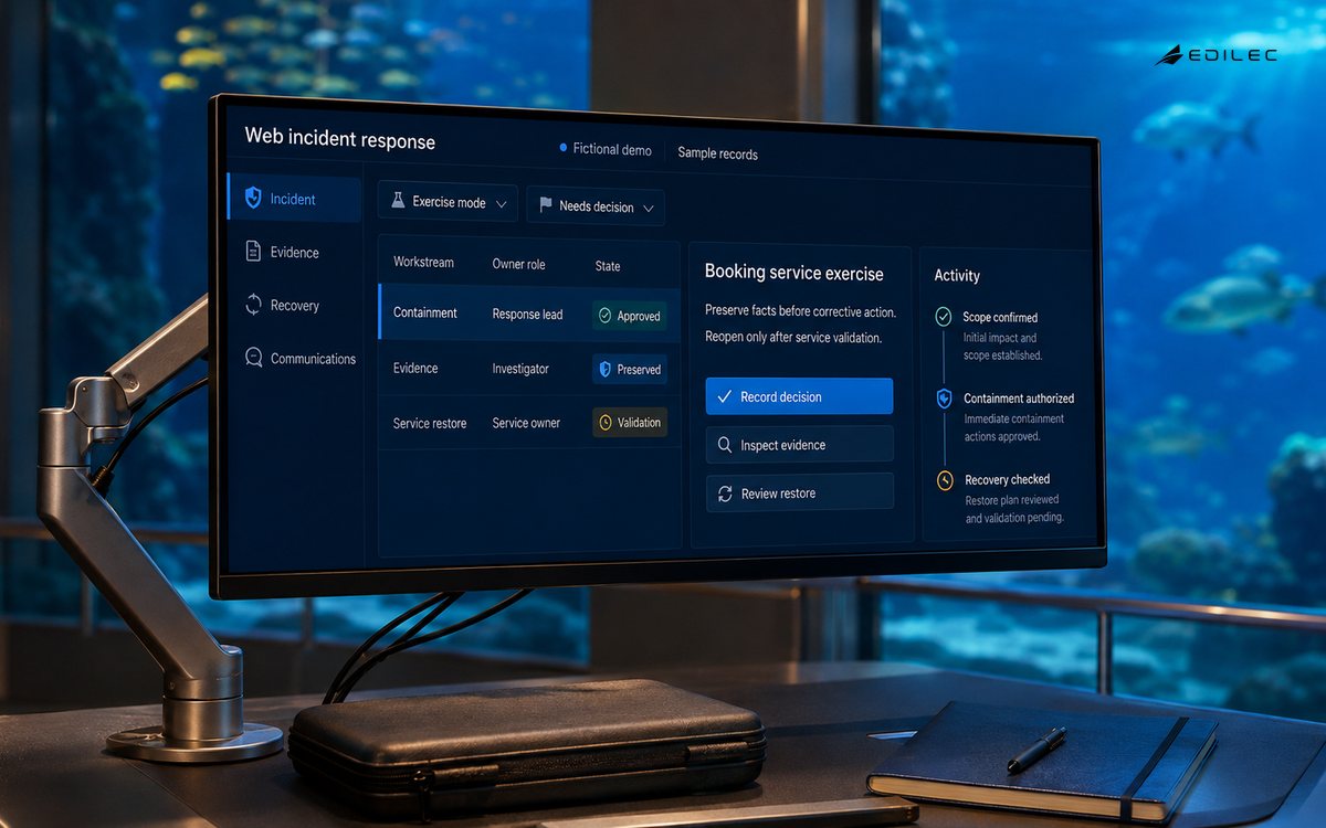 An incident-response workbench is displayed in an aquarium booking-service alcove.