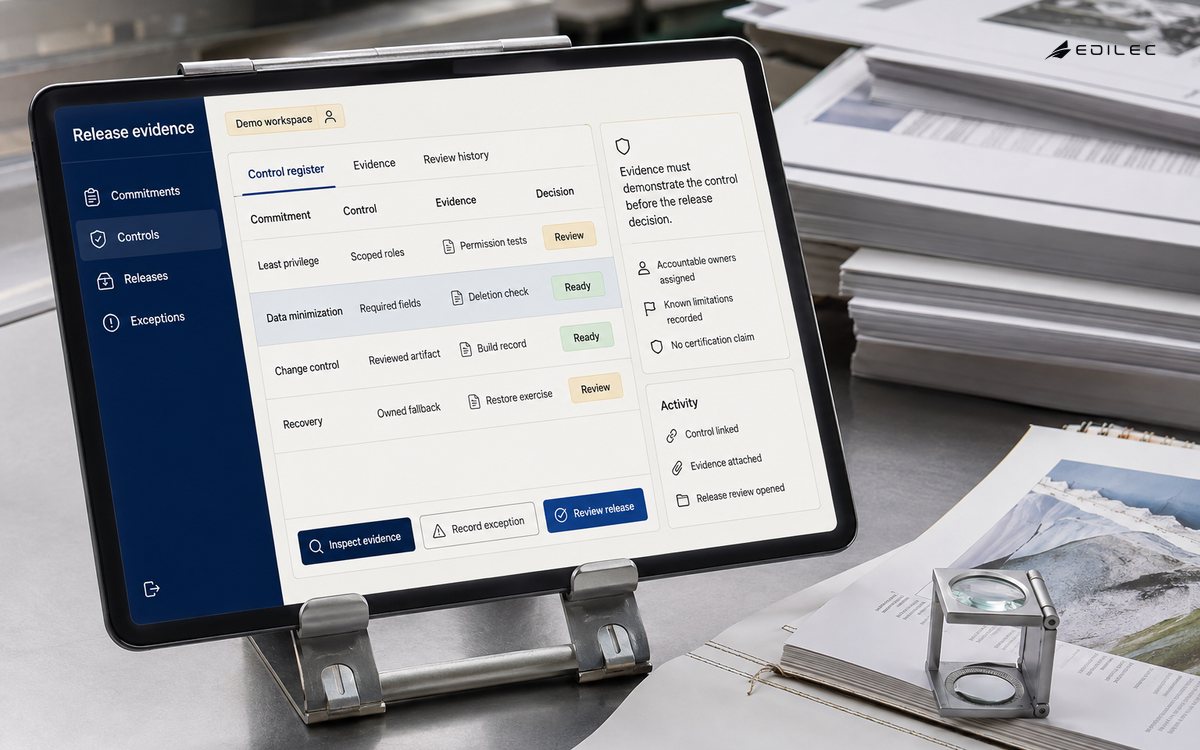 A tablet beside publishing proofs links release commitments to controls and retained evidence.