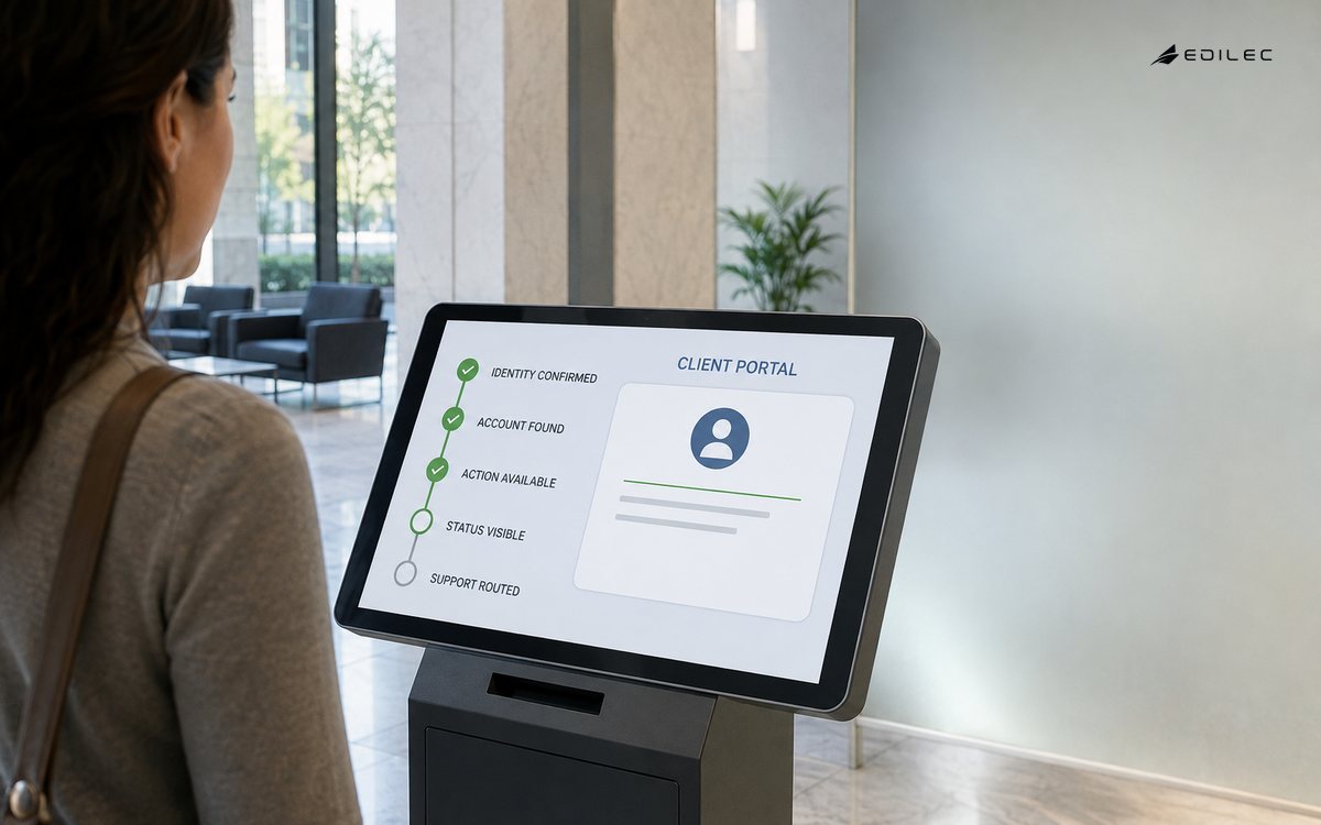 A customer using a service kiosk that confirms identity, finds the account and exposes actions, status and support.