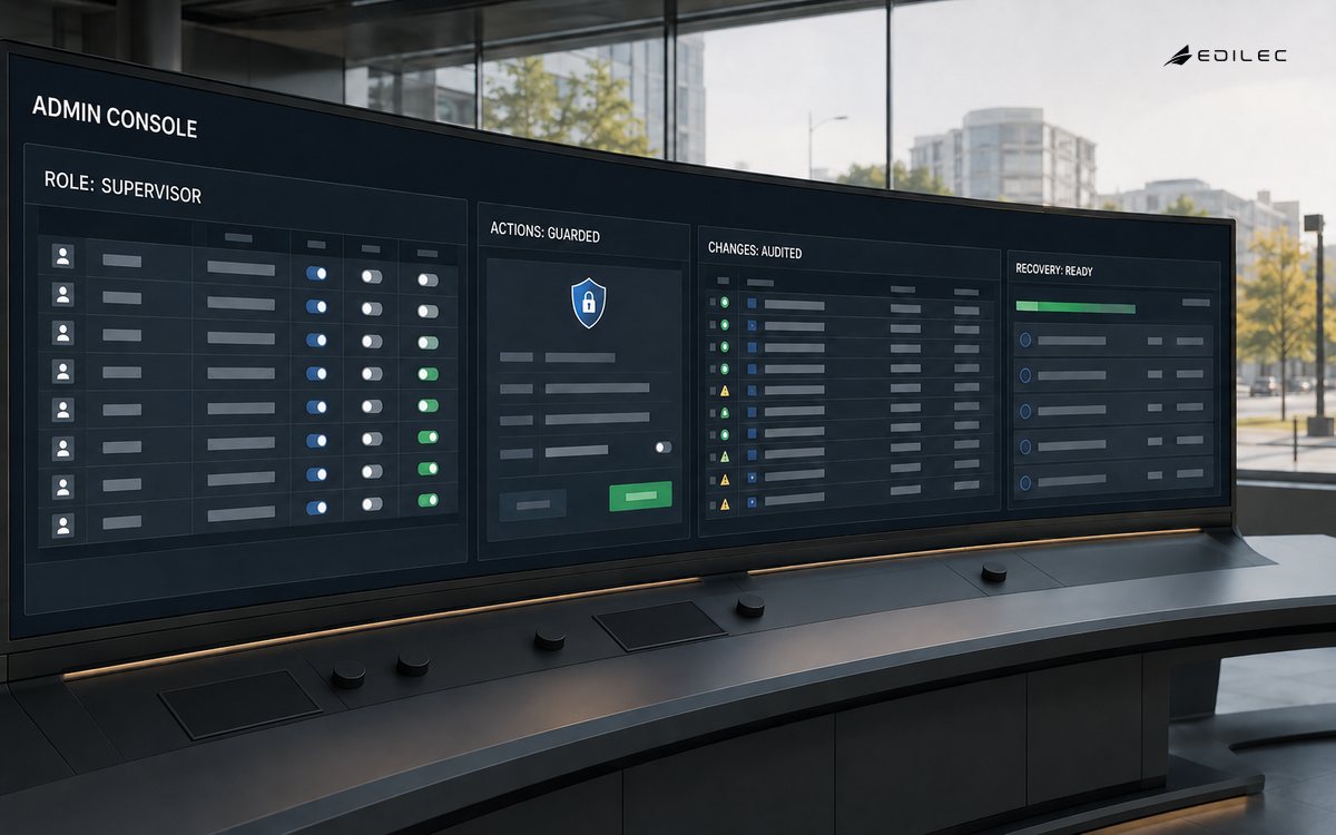 An admin console separates supervisor permissions, guarded actions, audited changes and recovery readiness.