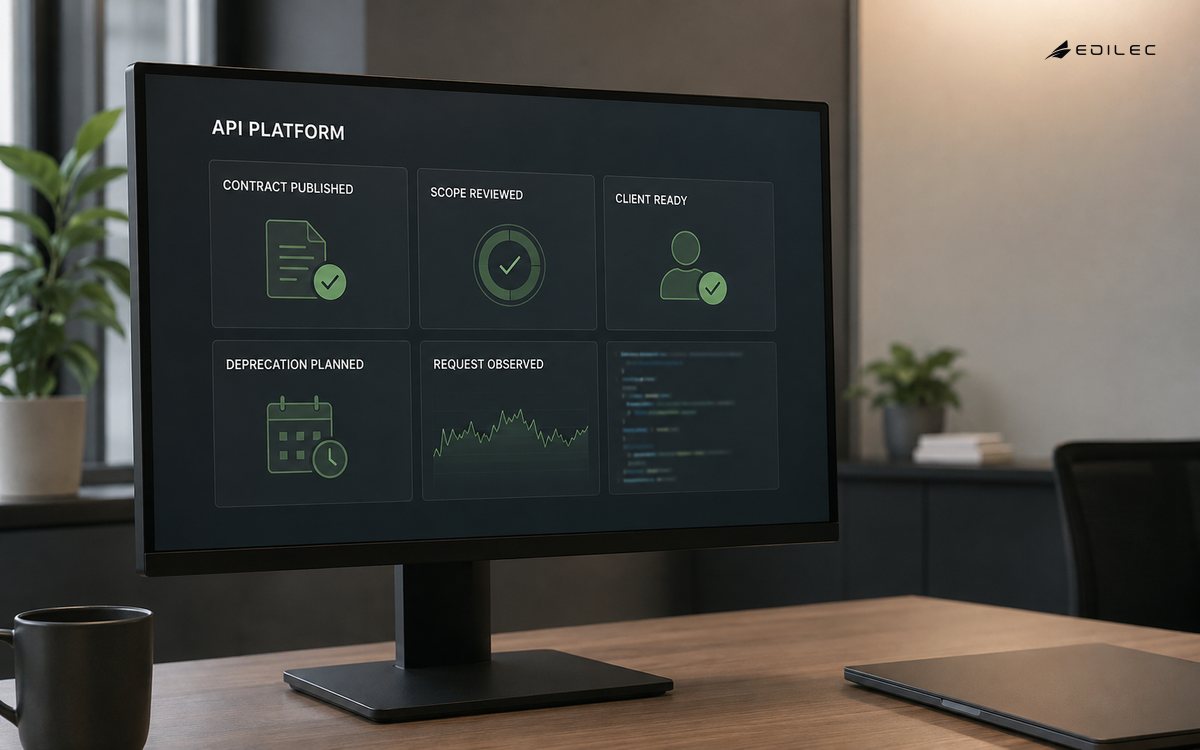 An API platform console showing contract publication, scope review, client readiness, deprecation planning and observed requests.