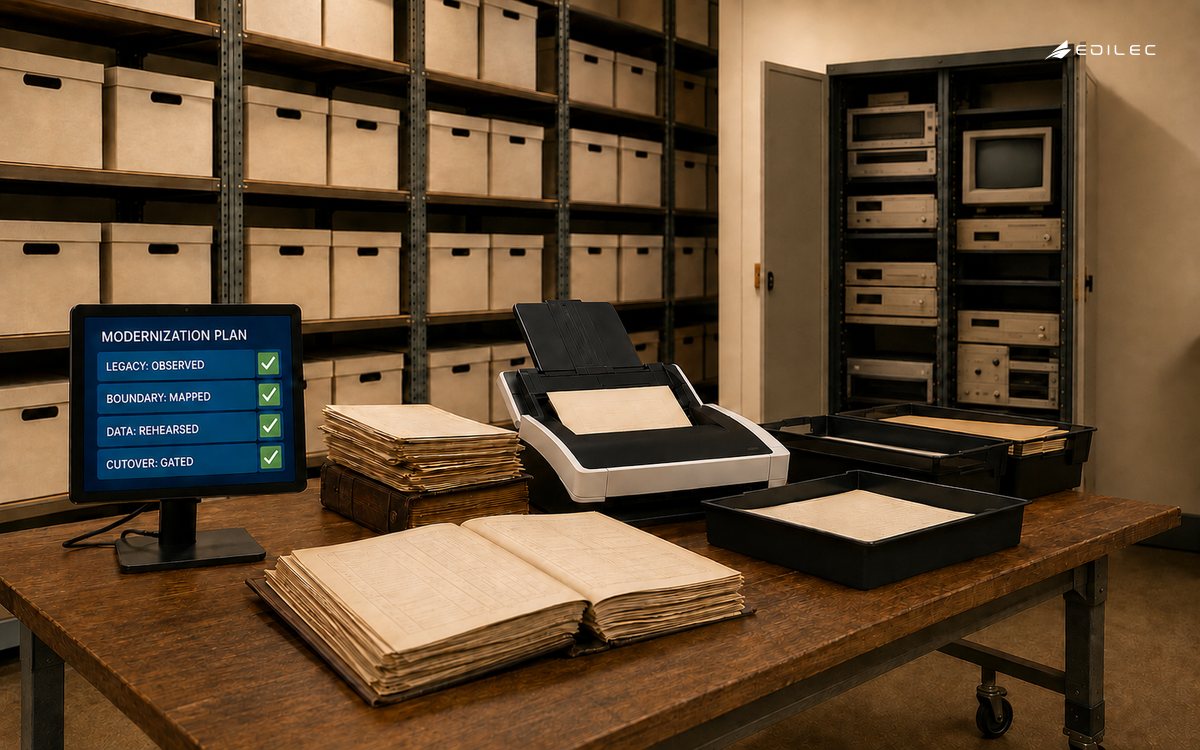 A records digitization workshop reviews observed legacy systems, mapped boundaries, rehearsed data and a gated cutover.