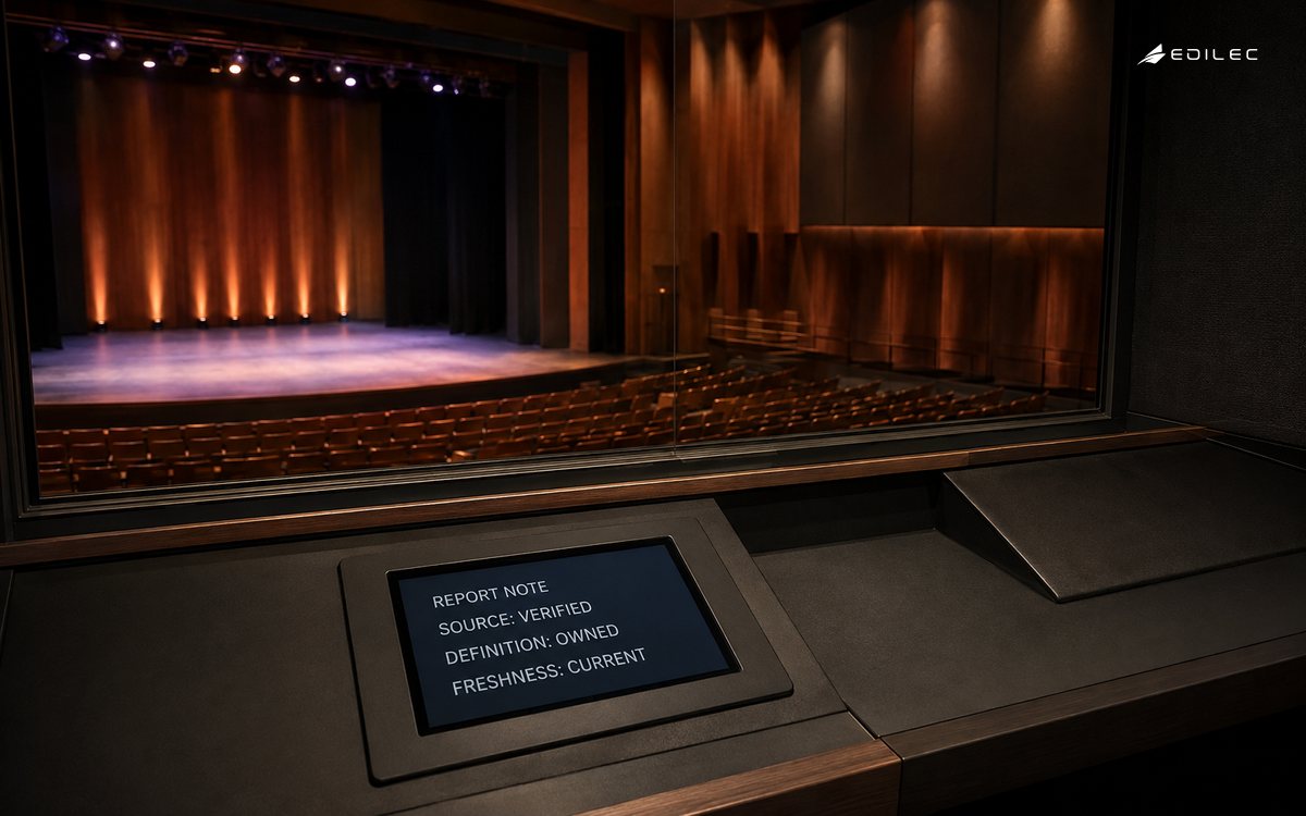 A report note in an empty theatre control booth records verified source, owned definition and current freshness.