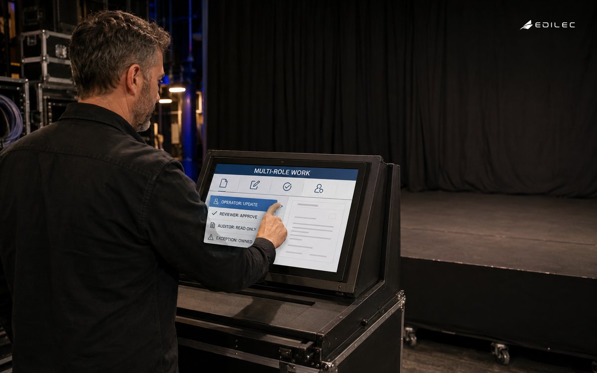 A backstage operations coordinator uses a role-aware case interface that separates update, approval, audit and exception responsibilities.