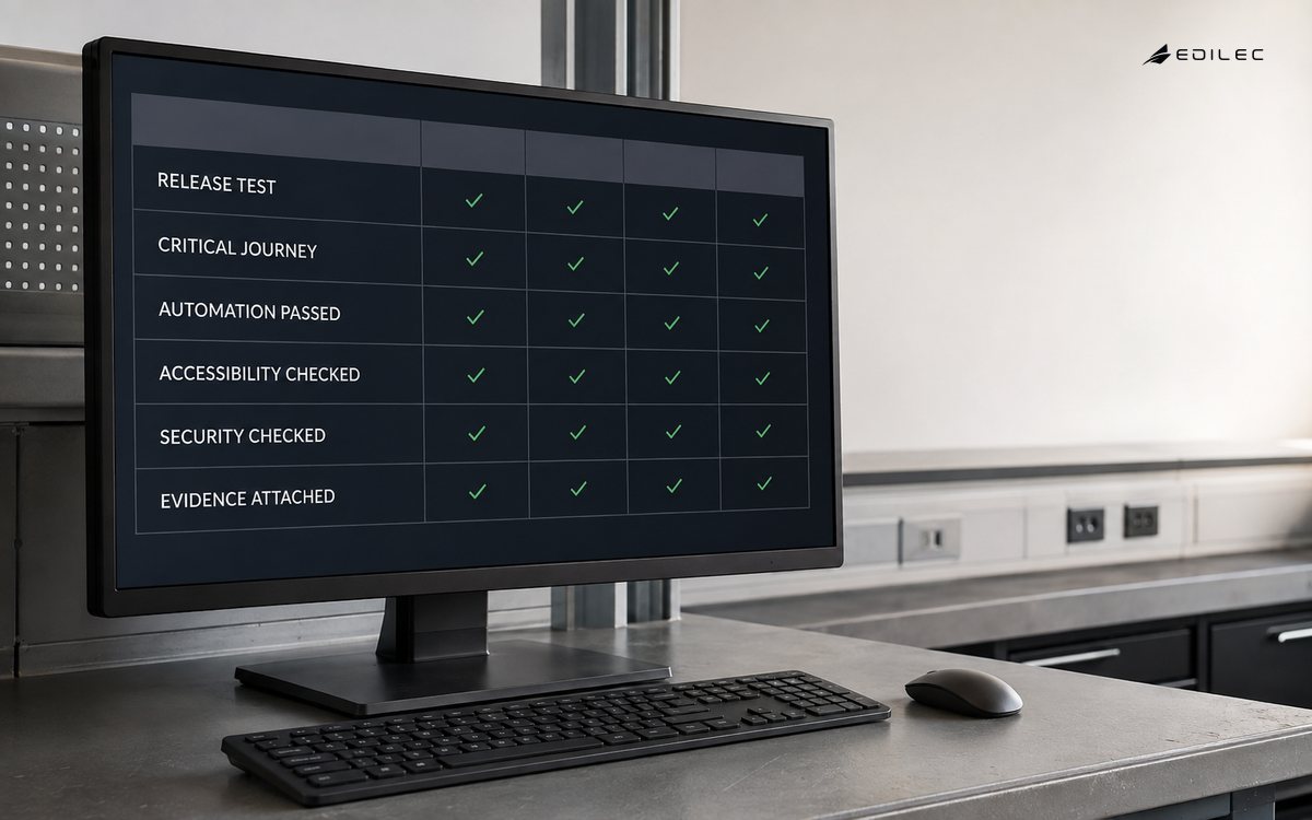 A software QA bench displaying release evidence for a critical journey, automation, accessibility, security and attached evidence.