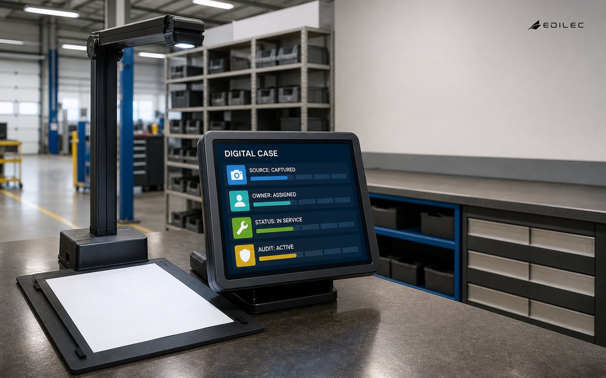 A workshop capture station creates a digital case with captured source, assigned owner, active service state and audit trail.