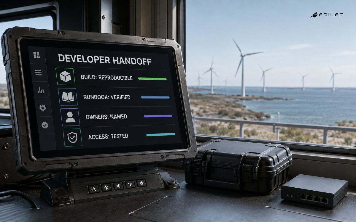 A coastal operations handoff station verifies build reproducibility, runbook, owners and access.