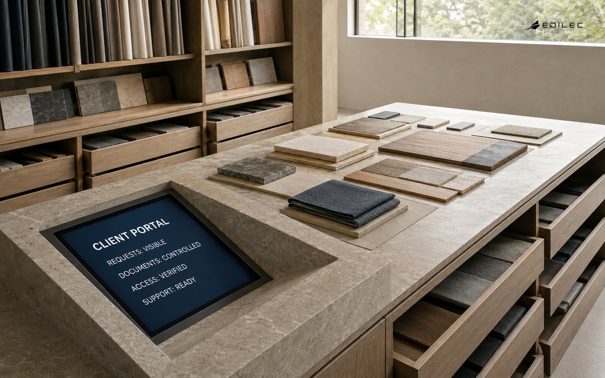 An architecture sample table integrates a client portal readiness view for requests, controlled documents, verified access and support.