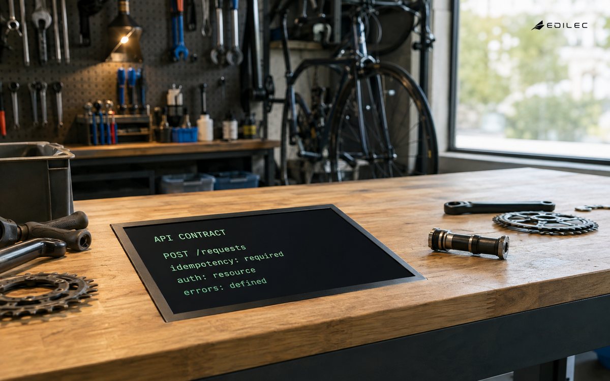 A bicycle-service dispatch bench integrates an API contract for a request endpoint with idempotency, resource authorization and defined errors.