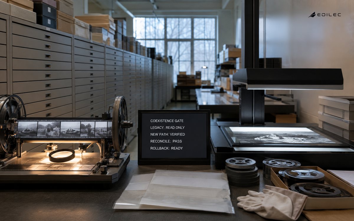 Legacy microfilm and a modern preservation scanner operate together beside a reconciliation gate with verified migration and rollback readiness.