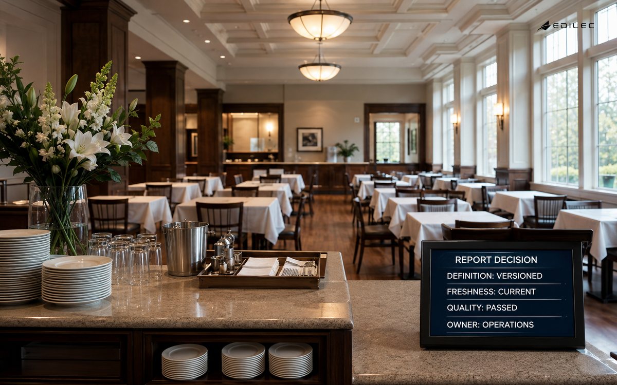 A dining-service pass contains a governed report decision with versioned definition, current freshness, passed quality and an operations owner.
