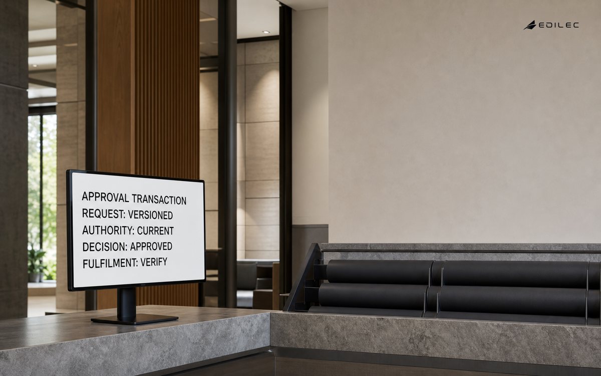 A civic permit desk records a versioned approval transaction with current authority and fulfilment awaiting verification.