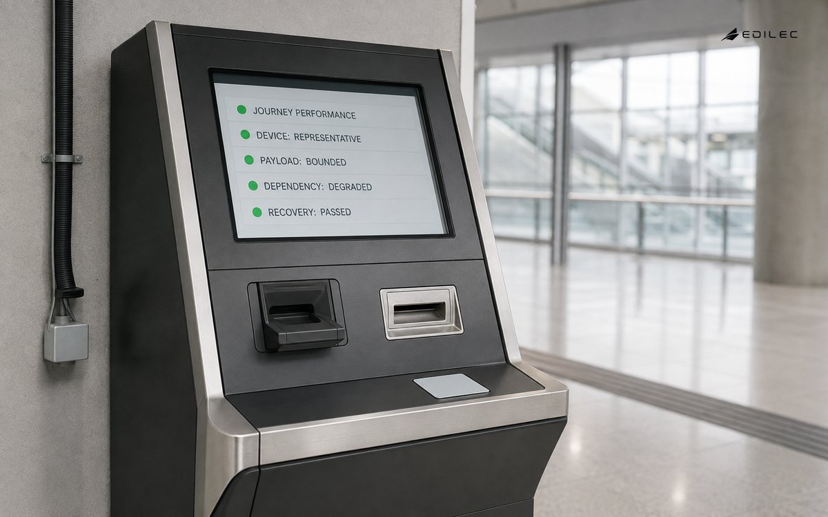 A transit kiosk test bay records representative-device performance through a degraded dependency and successful recovery.