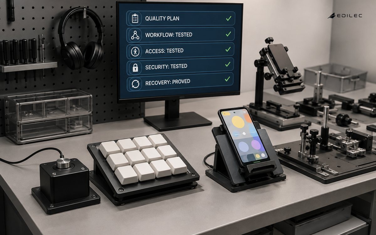 Accessible input fixtures surround a quality-plan monitor with tested workflow, access, security and proven recovery.