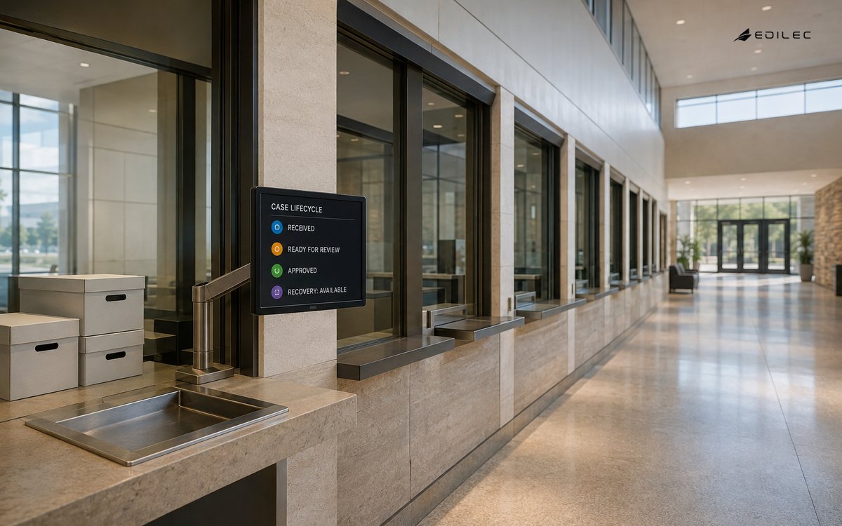 A civic permit hall terminal shows a real case moving from receipt through review and approval with recovery available.
