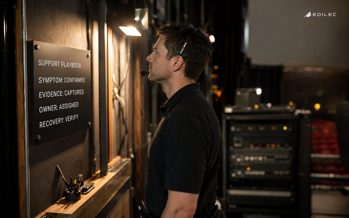 A backstage responder follows a software support playbook for evidence, ownership, and recovery.