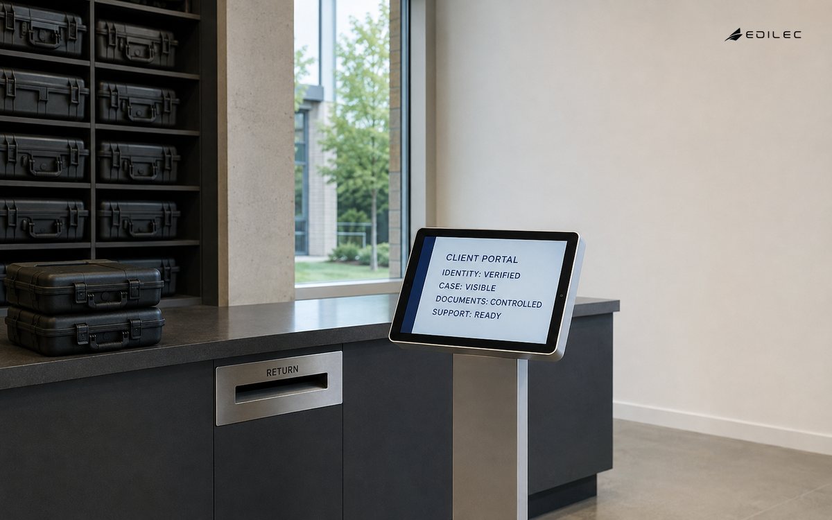 A university equipment counter uses a secure self-service client portal.