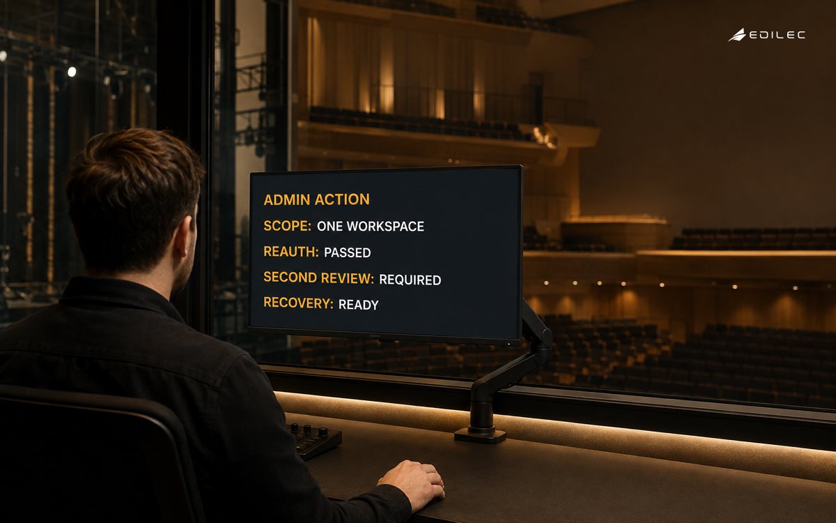 A concert-hall operator reviews a protected action on a modern administration console.
