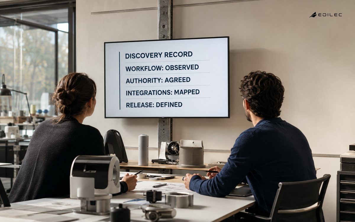 Two colleagues review a custom-software discovery record in a product studio.