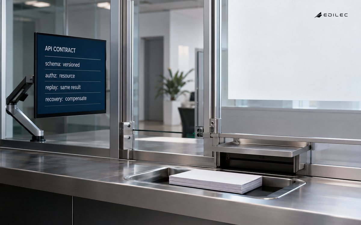 A regulated document exchange pairs physical transaction evidence with a versioned, resource-authorized API contract.
