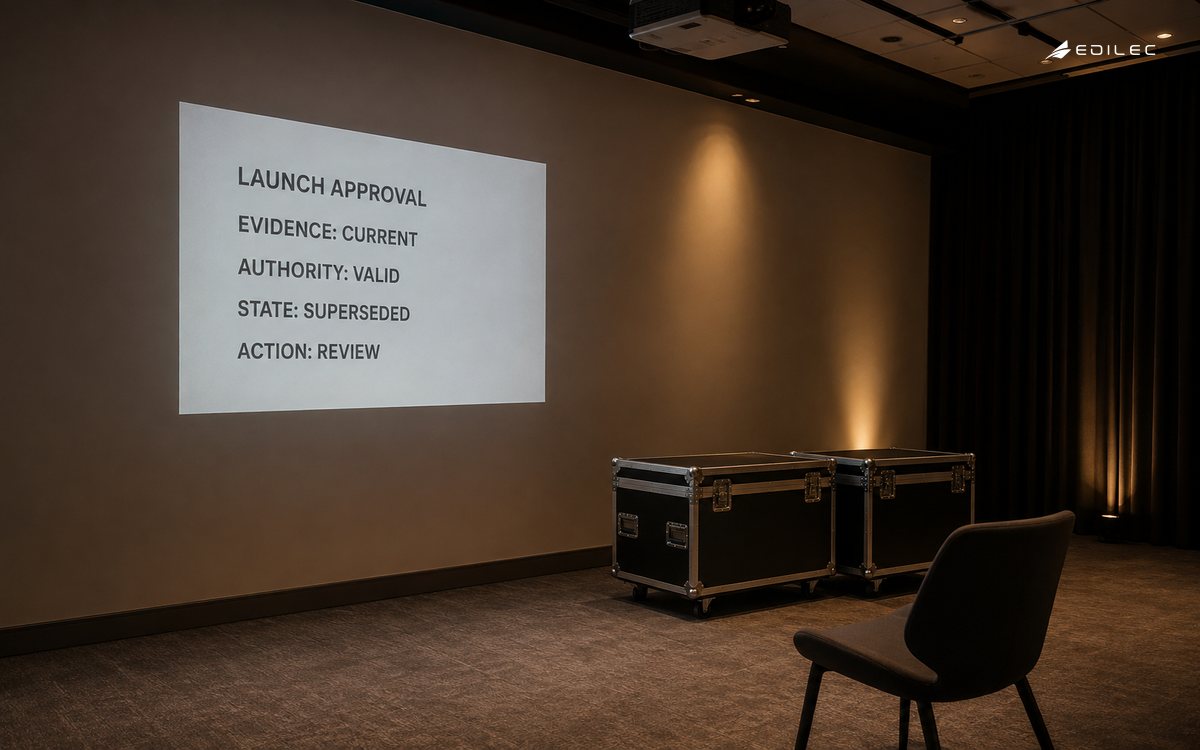 An event-venue launch room projects an approval decision with current evidence, valid authority and superseded state awaiting review.