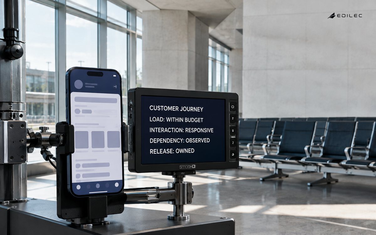 A transit-lounge test station checks a complete client journey against a performance budget.