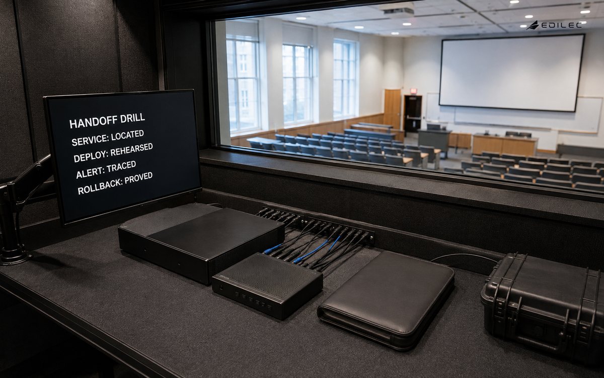 A handoff monitor sits beside recovery equipment in a lecture-capture media booth.