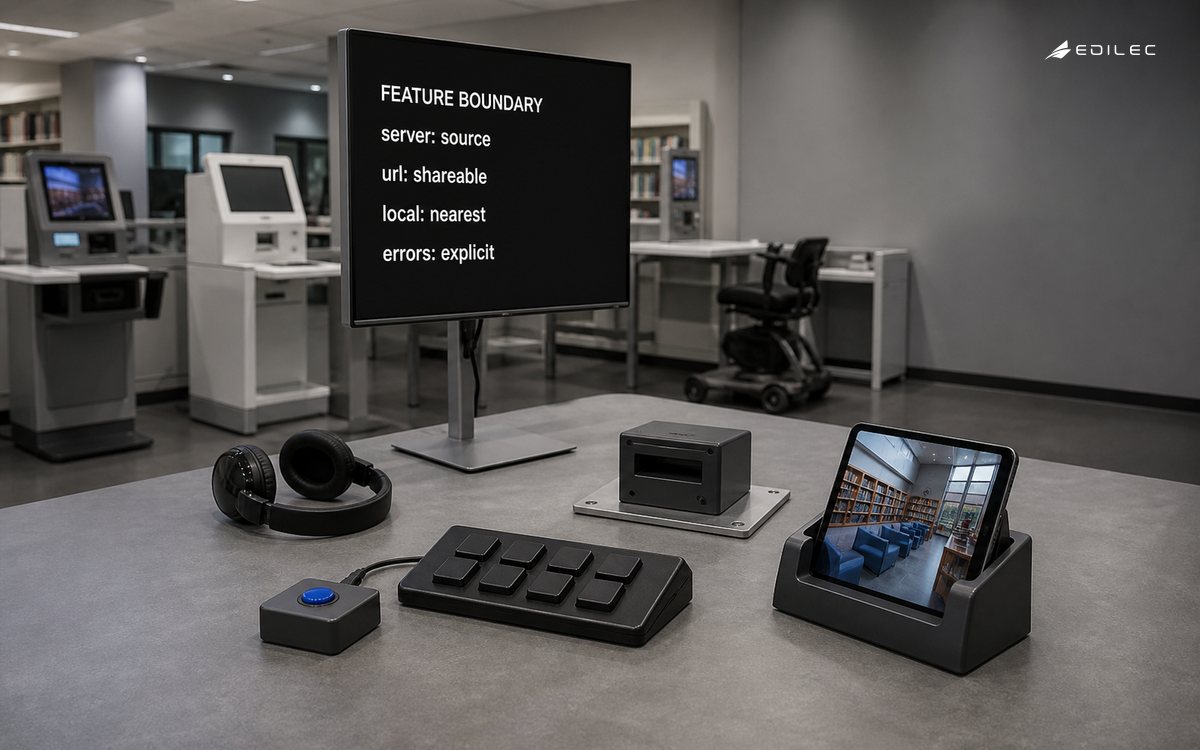 A vertical monitor displays state ownership beside tactile controls in a library accessibility lab.