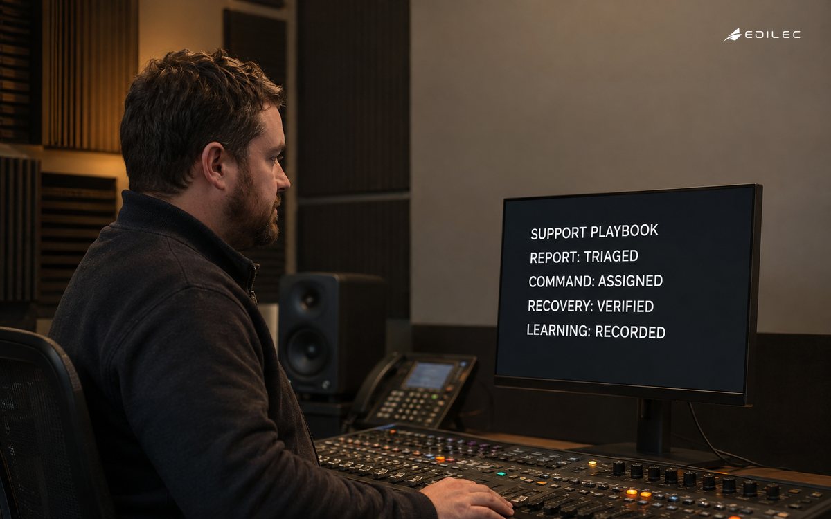 A broadcast support responder follows a triaged and accountable software support playbook.