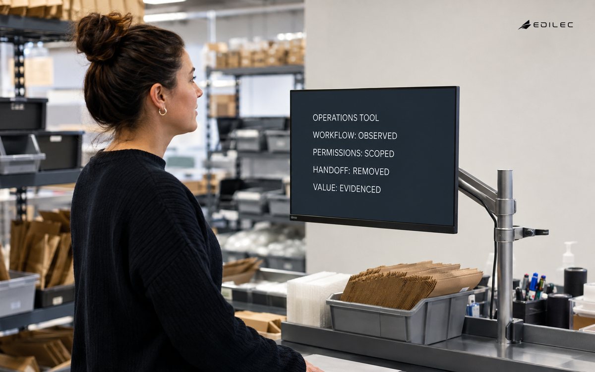 An operations lead uses an internal tool beside a small-batch fulfilment workflow.