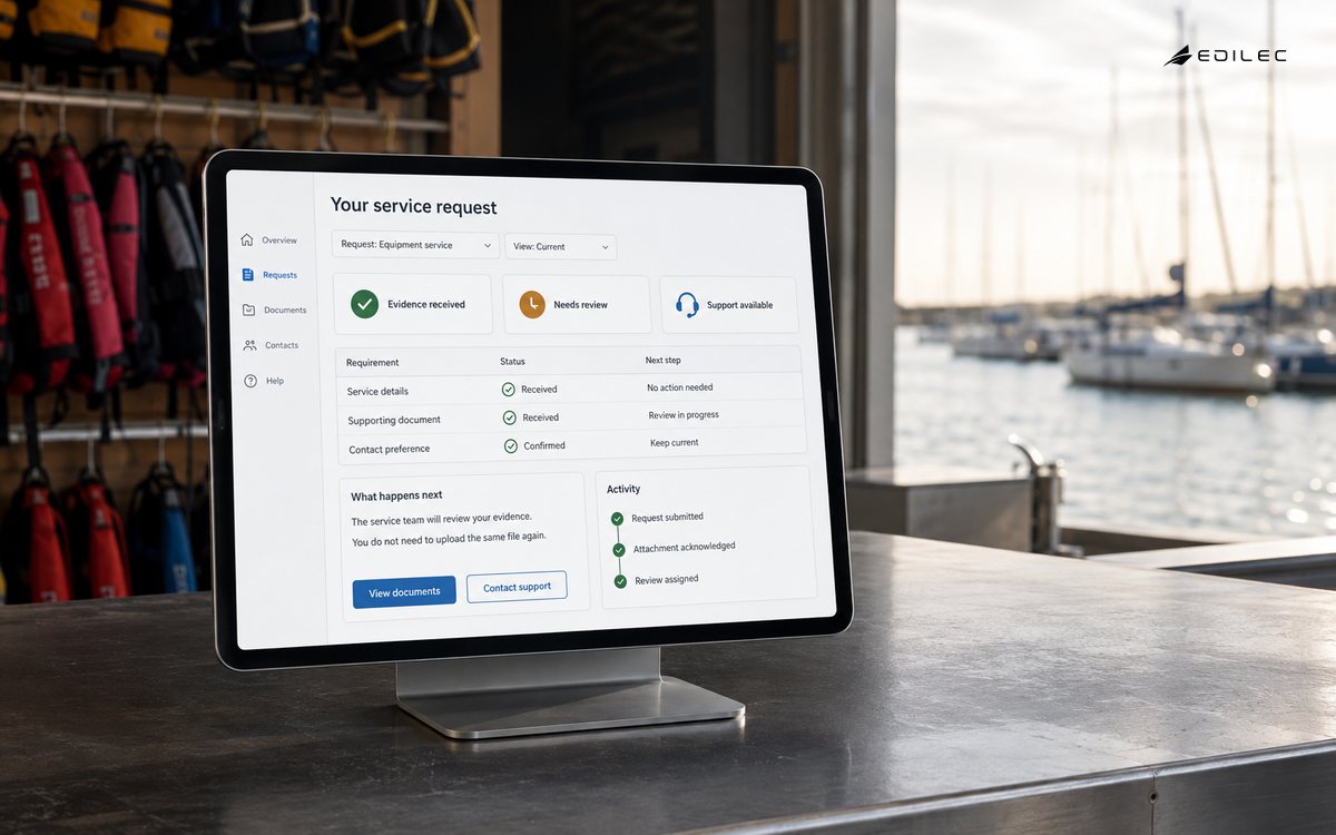 A client portal tablet in a sailing-club pavilion shows a received request, document status and next steps.