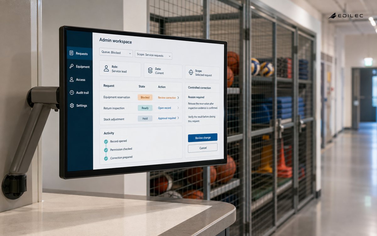 An administrative dashboard beside sports equipment cages shows scoped corrections and an audit trail.