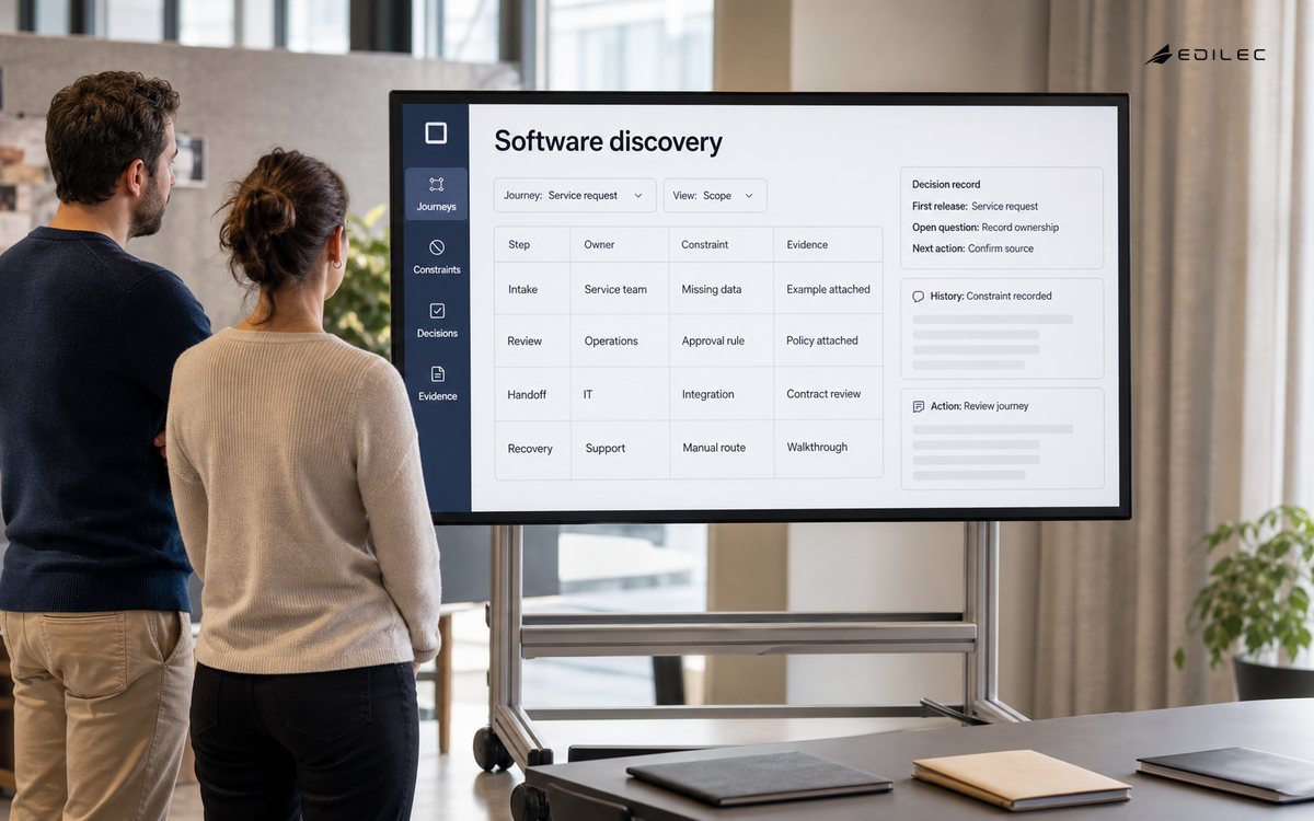 Colleagues face a mobile touchscreen displaying a software-discovery journey and its constraints.