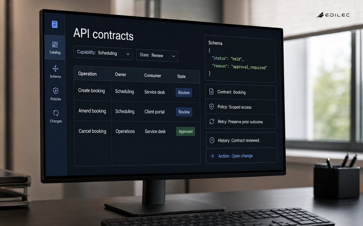 A desktop monitor shows an API catalog, booking contract and structured schema evidence.
