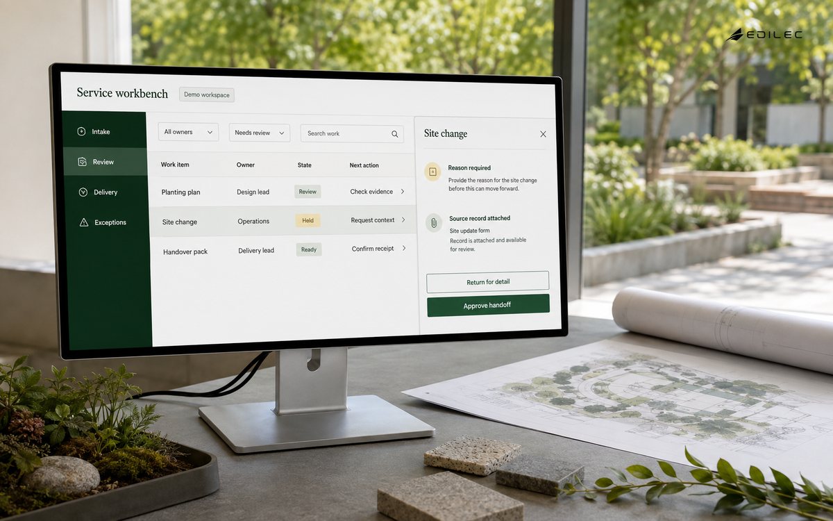 A service workbench shows work items, owners, states, and the evidence needed for a site change.