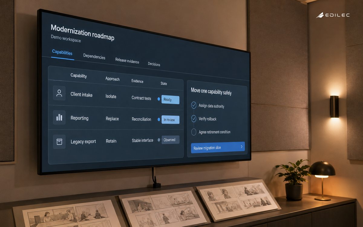 A modernization workspace lists application capabilities, migration approaches, and release evidence.