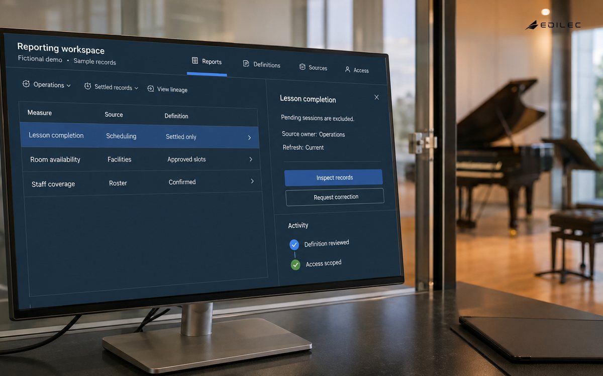 A reporting application sits beside a glass-walled music rehearsal room.
