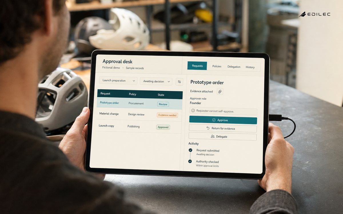 A founder reviews a tablet approval workflow beside bicycle-accessory prototypes.