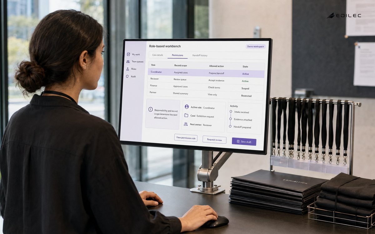 A venue coordinator views role permissions and case handoff responsibilities on an articulated monitor.