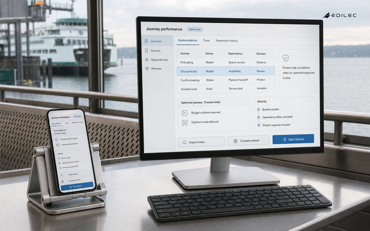 A waterfront ticketing test station pairs a mobile device with a journey performance review on a desktop monitor.