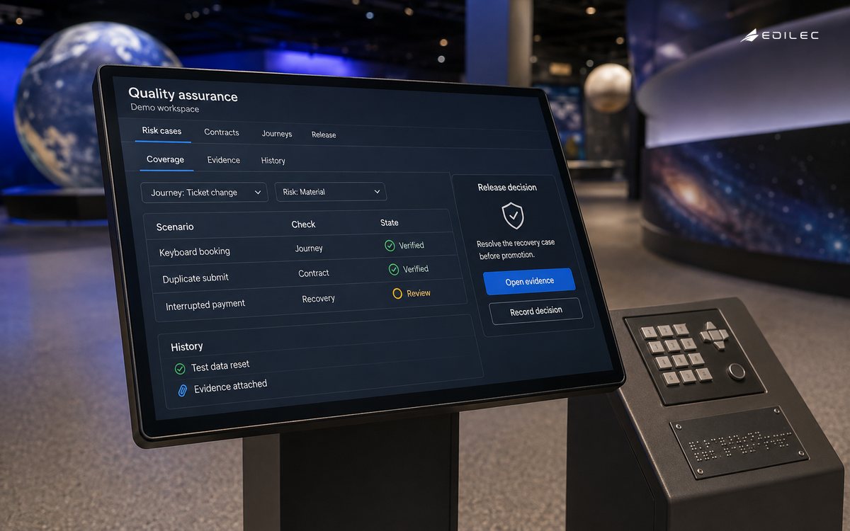 A planetarium ticket-kiosk test station displays risk-based quality checks and release evidence.