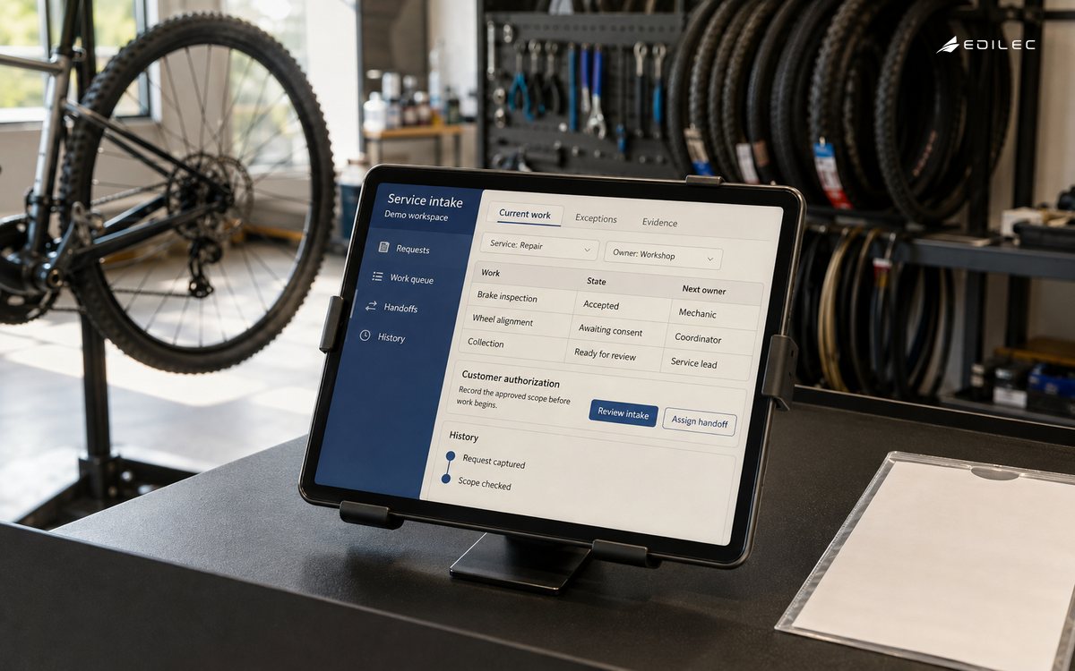 A bicycle repair intake tablet tracks requests, consent and accountable handoffs.
