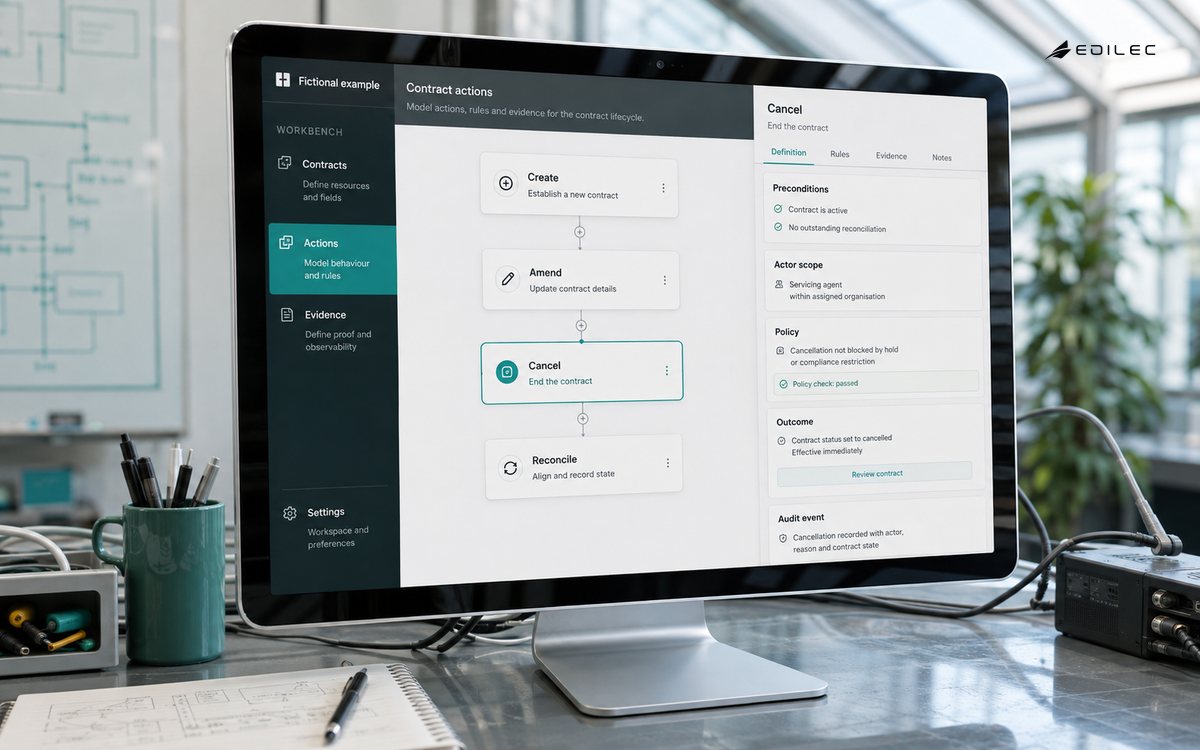 API action-contract workbench with a selected cancellation rule and evidence inspector.