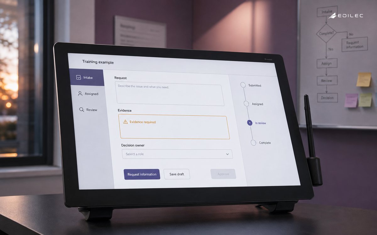 Request-review form with missing evidence, a request-information action and an inactive approval control.